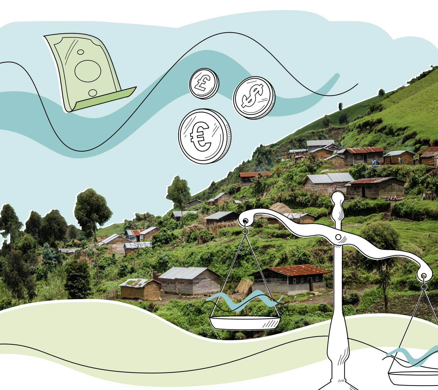 photo of green hill slope with settlements and drawings of money