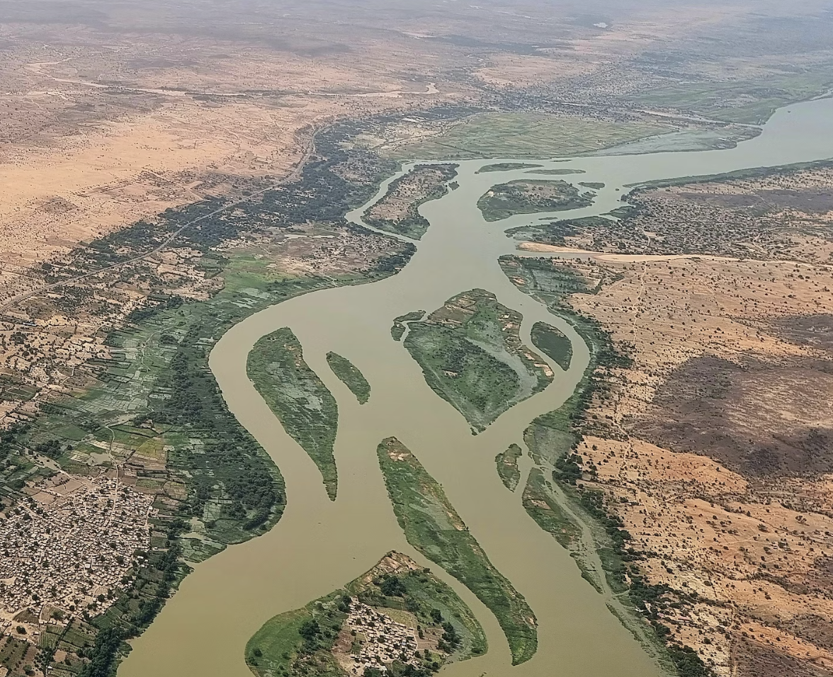 aerial view of braided river on dry lands