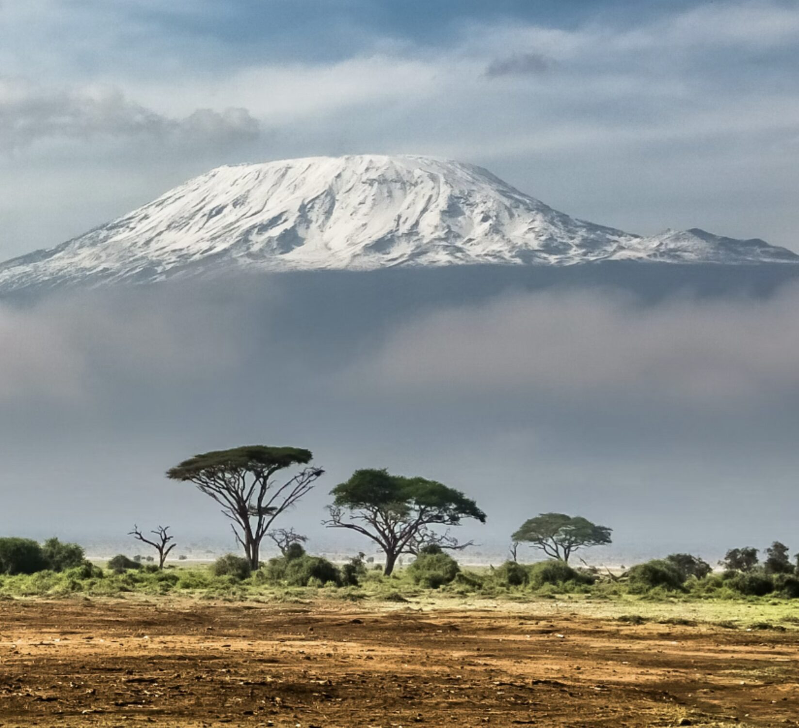 View of Kilimanjaro (snowy peak) from Amboseli National Park, Kenya.