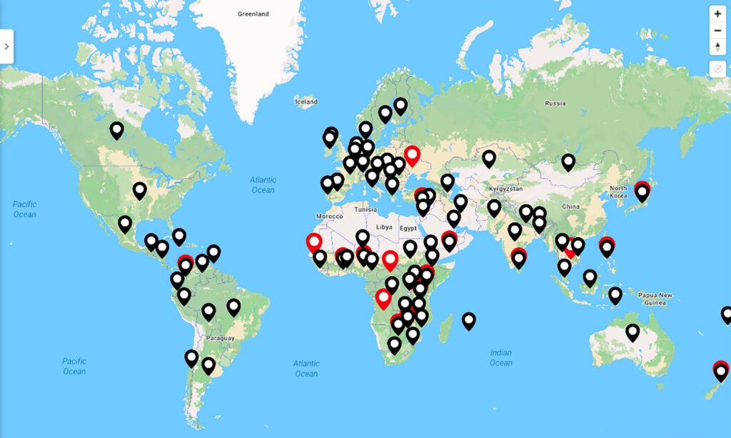Geographic distribution of weADAPT survey respondents (379, one black pin per country represented) and interviewees (21, red pins).